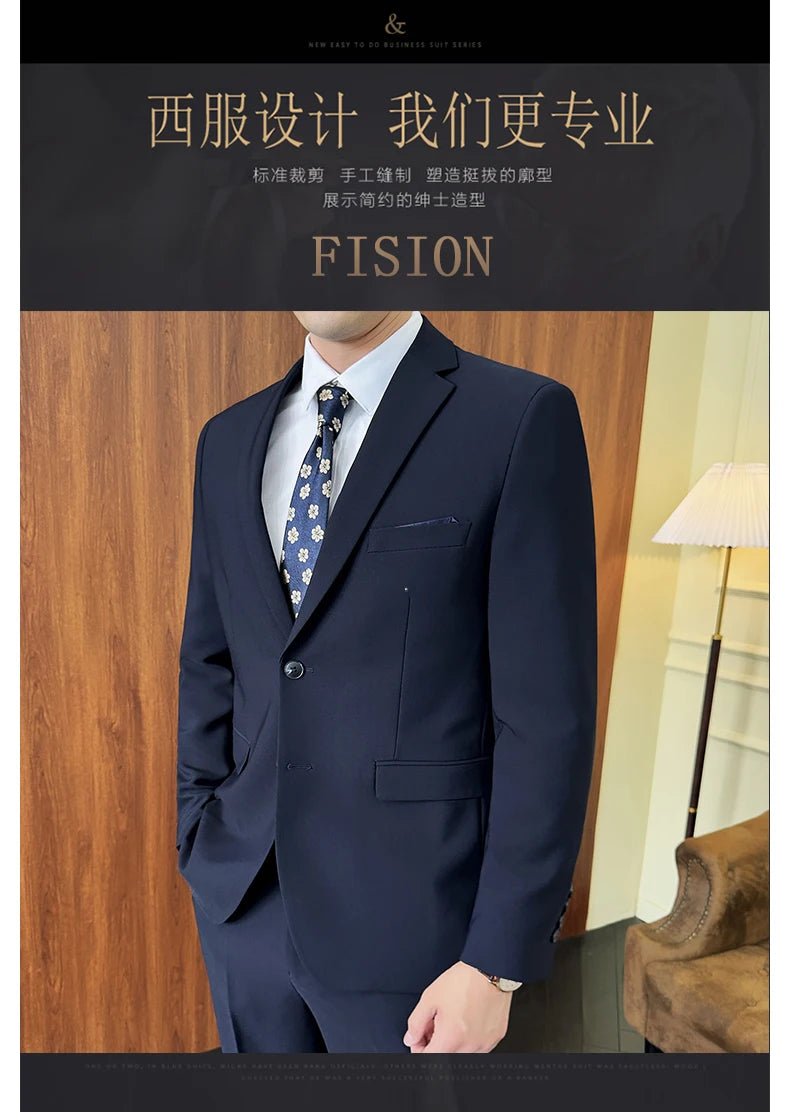 Suit (Blazer+ Pants) Fashion Men Solid color Business Wedding Work Casual Slim Professional Dress Groom Best Man Gentleman Suit