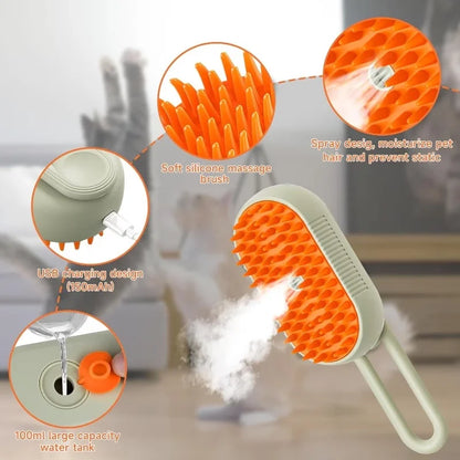 Steamy Pet Grooming Kit: Water Spray Massage Brush for Cats Dogs, Skin-Friendly Silicone Teeth, USB Charging Hair Cleaner