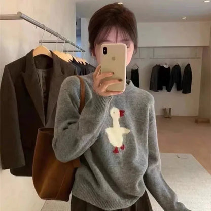 Women's new wool sweater high-end O-neck embroidered pullover sweater autumn and winter loose fashion shirt casual warm knit top