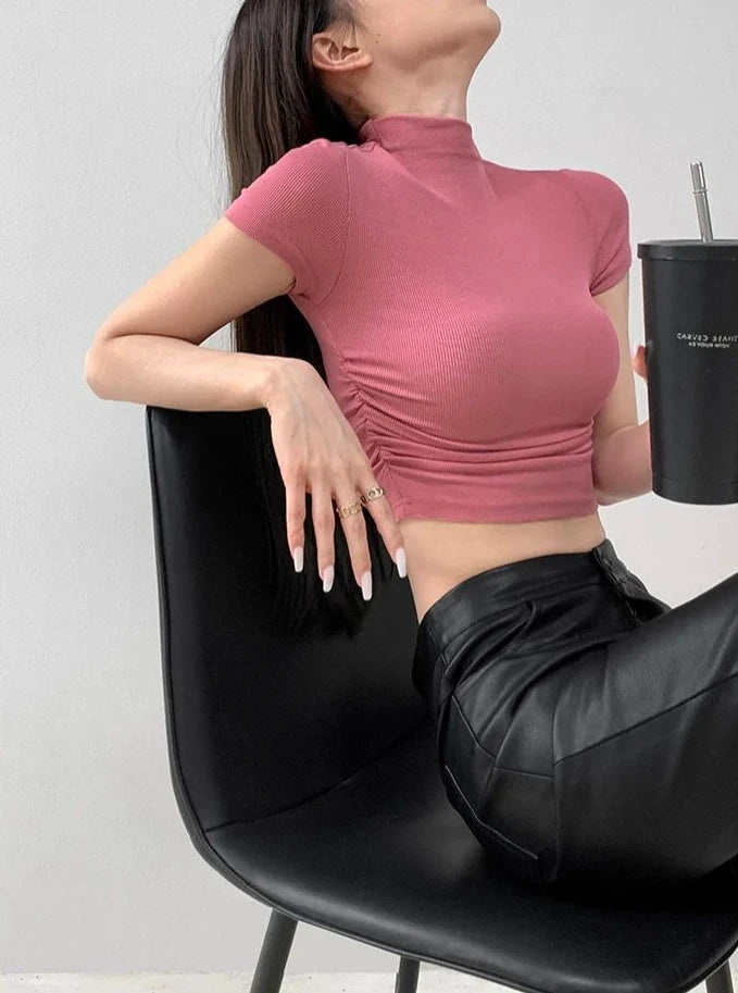 T Shirt For Women Crop Slim Turtleneck Solid Color Tops Woman Y2k Fashion Korea Polyester Cheap Clothes Youthful Goth Korean Tee
