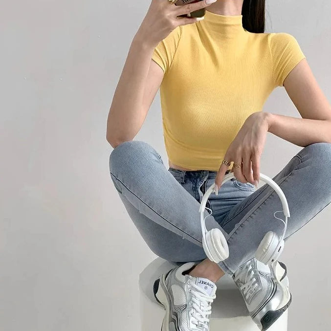 T Shirt For Women Crop Slim Turtleneck Solid Color Tops Woman Y2k Fashion Korea Polyester Cheap Clothes Youthful Goth Korean Tee