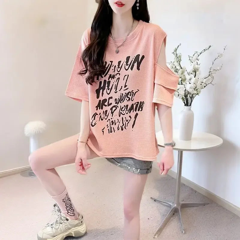 T Shirt For Women Off Shoulder Graphic Tops Woman Green Summer Outfit Fashion Women's Clothing 2025 Female Wholesale Clothes