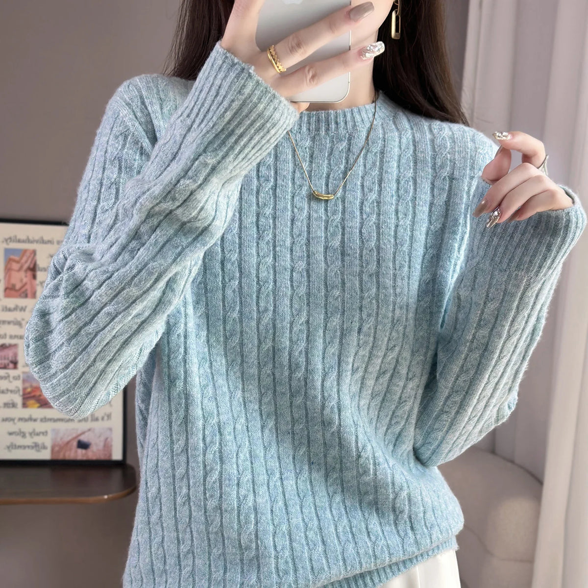 Knitted Wool Blend Sweater for Women, Long Sleeve, Round Neck, Loose Casual Top, Skin Friendly, Fall and Winter, New, 2025 New