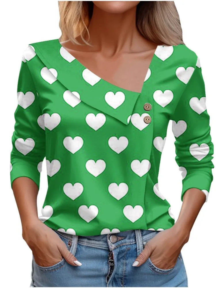 T Shirt For Women Fashion Long Sleeve Tops Heart Print Pulovers Elegant Shirts & Blouses Autumn Youthful Woman Clothes 2023