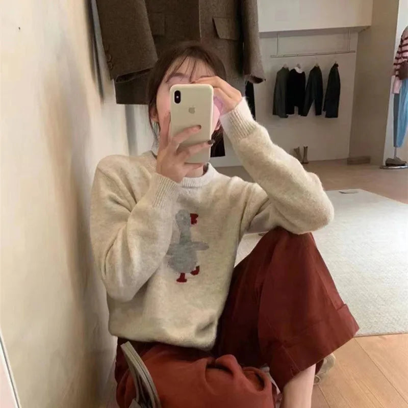 Women's new wool sweater high-end O-neck embroidered pullover sweater autumn and winter loose fashion shirt casual warm knit top