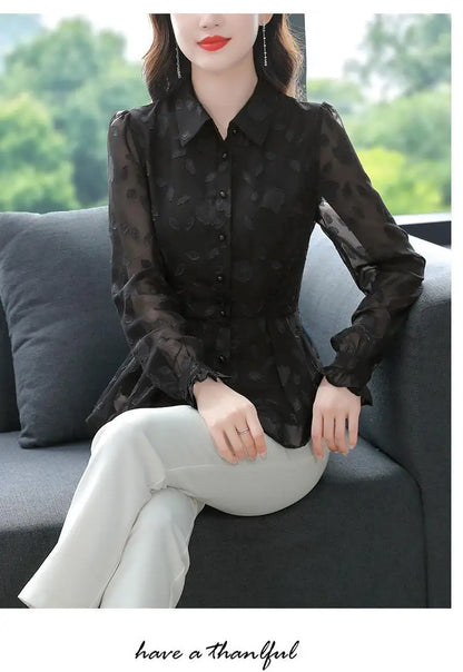 Spring Chiffon Shirt Women's Long-sleeved Temperament Waist Women's Small High-end Foreign Style Middle-aged Top Clothes