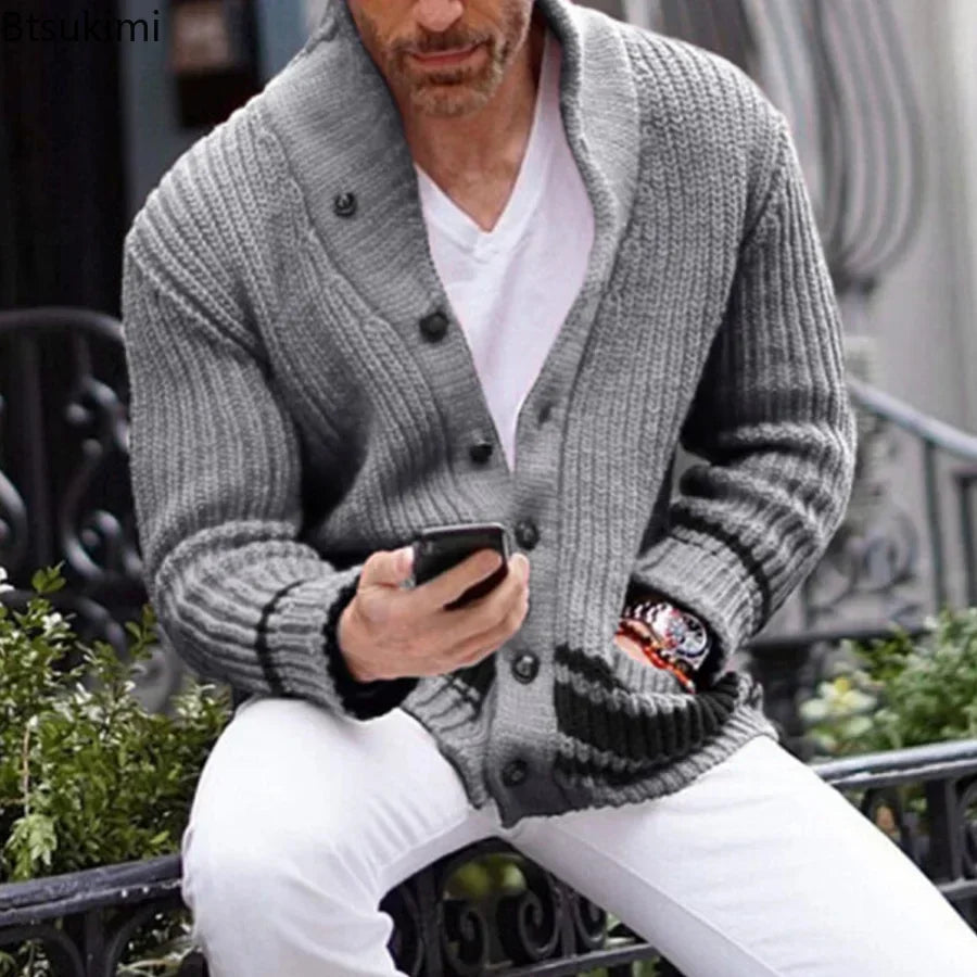 2026 Autumn Winter Men Knitted Sweaters Warm Coats Men's Streetwear Single Breasted Top Cardigan Yellow Red Solid Sweater Male