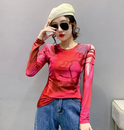 Woman T-shirt 2025 Mesh Skinny Tshirt Top for Women ClothingWith Print Original Fitted Simple Cheap Stylish Cool Beautiful Tee