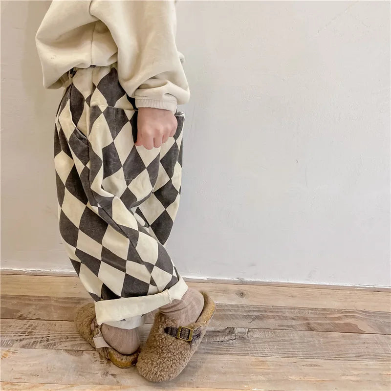 Spring 1-7Y Kids Clothes Washed Cotton Harem Trousers Vintage Checkered Design Japanese Trendy Loose-fit Casual Boys Girls Pants