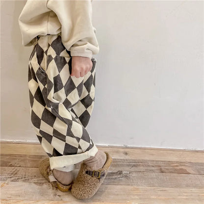 Spring 1-7Y Kids Clothes Washed Cotton Harem Trousers Vintage Checkered Design Japanese Trendy Loose-fit Casual Boys Girls Pants