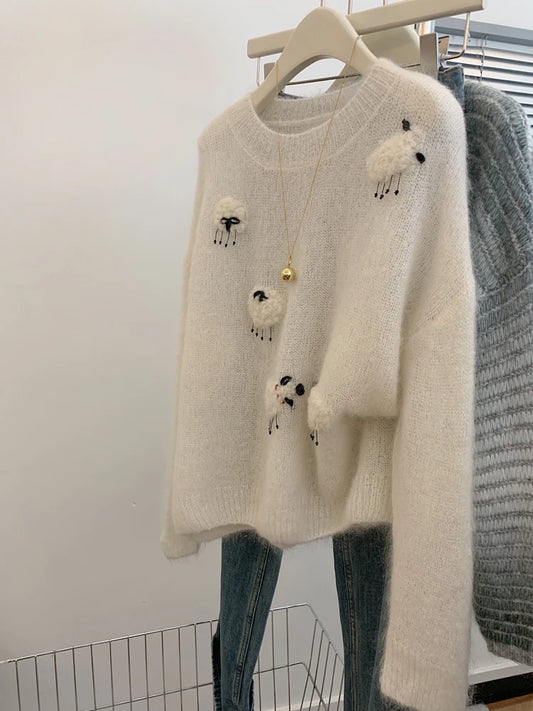 White Casual Sweater For Women 2025 New Long Sleeved O-Neck Warm Knit Pullovers Autumn Winter Korean Cute Animals Woolen Tops