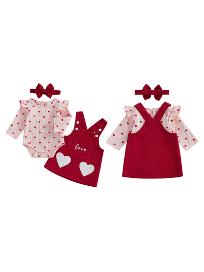 Valentine s Day Baby Girls 3 Piece Outfit Cute Long Sleeve O Neck Heart Print Jumpsuit Bow Headband Overall Dress Set