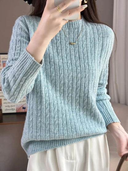 Knitted Wool Blend Sweater for Women, Long Sleeve, Round Neck, Loose Casual Top, Skin Friendly, Fall and Winter, New, 2025 New