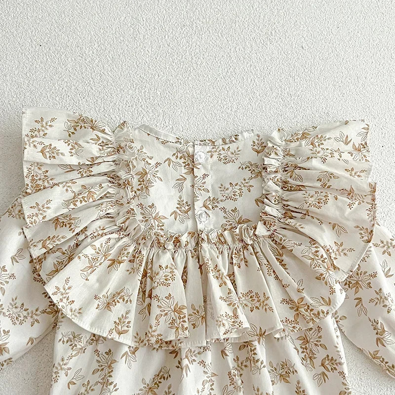Spring New in Infant Cute Clothes Kids Baby Girls Floral Ruched Cotton Jumpsuits Toddler Outwear Newborn Bodysuits+headbands