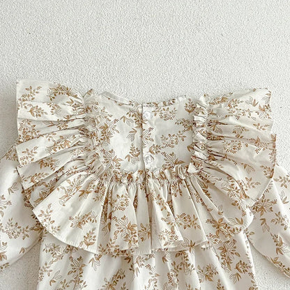 Spring New in Infant Cute Clothes Kids Baby Girls Floral Ruched Cotton Jumpsuits Toddler Outwear Newborn Bodysuits+headbands