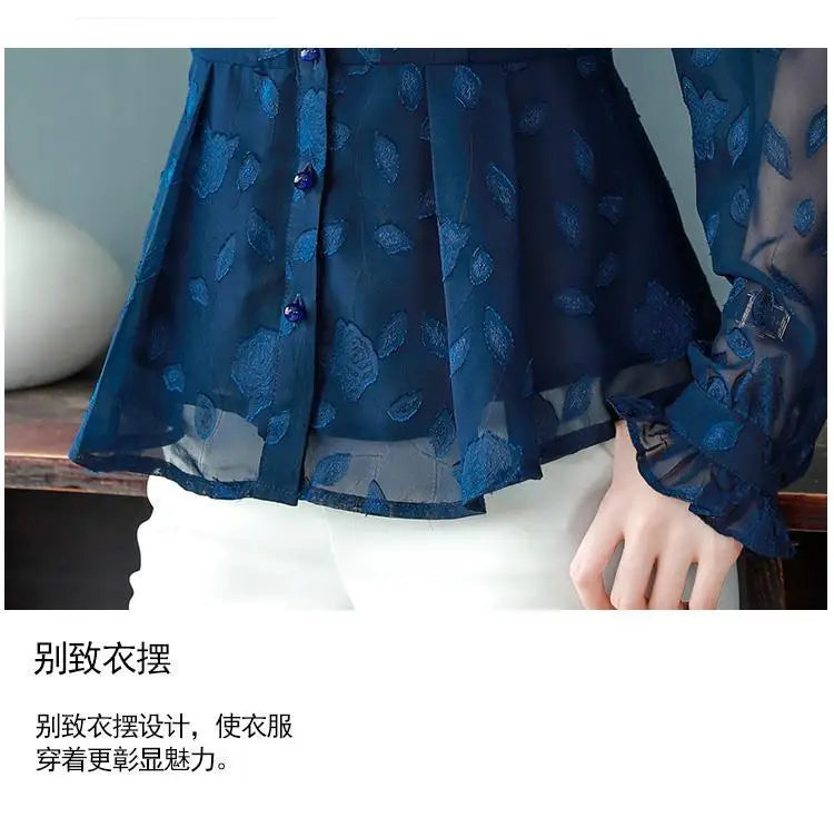 Spring Chiffon Shirt Women's Long-sleeved Temperament Waist Women's Small High-end Foreign Style Middle-aged Top Clothes