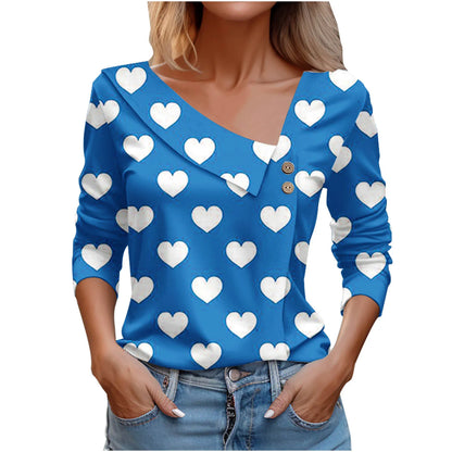 T Shirt For Women Fashion Long Sleeve Tops Heart Print Pulovers Elegant Shirts & Blouses Autumn Youthful Woman Clothes 2023