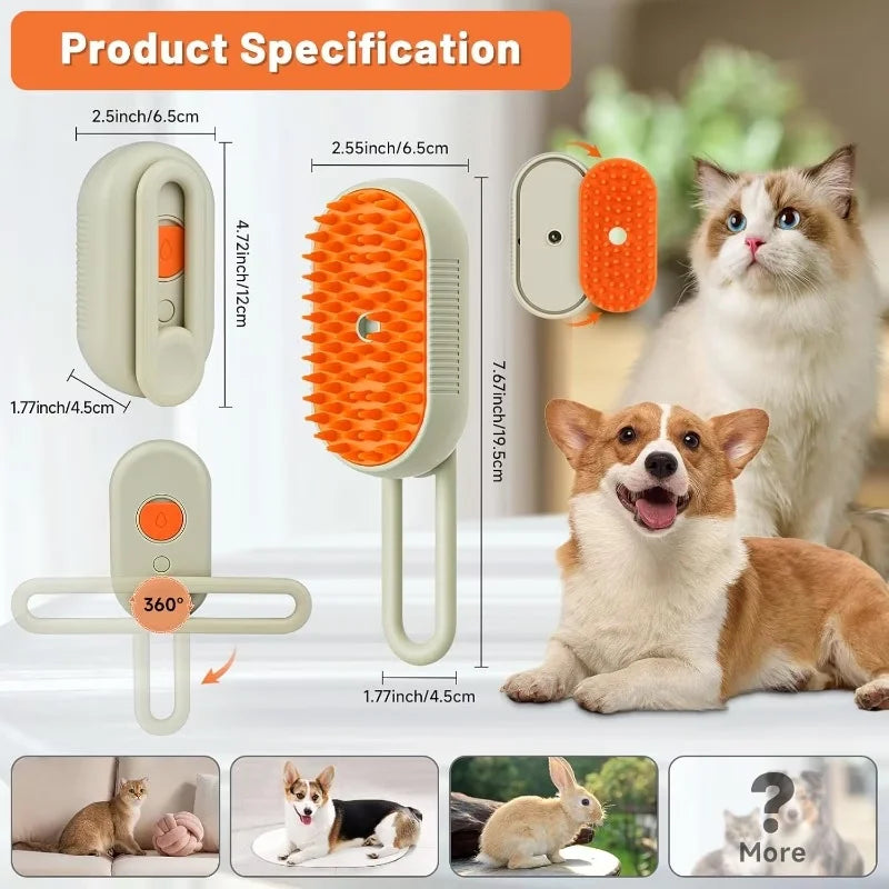 Steamy Pet Grooming Kit: Water Spray Massage Brush for Cats Dogs, Skin-Friendly Silicone Teeth, USB Charging Hair Cleaner