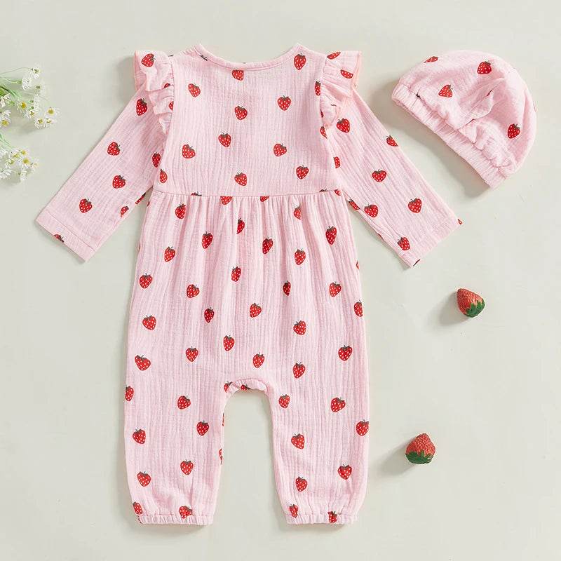 Baby Girl 2Pcs Fall Outfits Long Sleeve Strawberry Print Ruffle Jumpsuit with Headband Set Newborn Clothes
