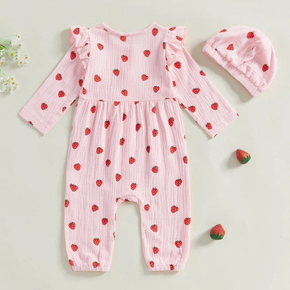 Baby Girl 2Pcs Fall Outfits Long Sleeve Strawberry Print Ruffle Jumpsuit with Headband Set Newborn Clothes