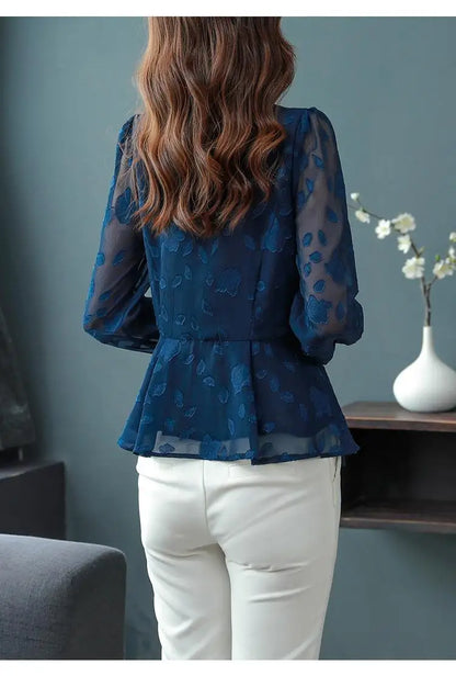 Spring Chiffon Shirt Women's Long-sleeved Temperament Waist Women's Small High-end Foreign Style Middle-aged Top Clothes