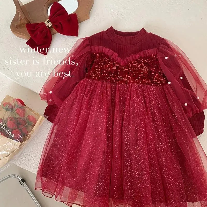 Spring Autumn Clothes for Kids Clothes Girls Solid Color Long Sleeve Fake Two Pieces Round Neck Patchwork Lace Princess Dresses