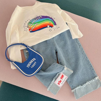 Spring Girl Top And Bottom Clothes Set Korean Fashion Simplicity Suit For Girls Rainbow Printed Long Sleeves+Pants Two Piece Set
