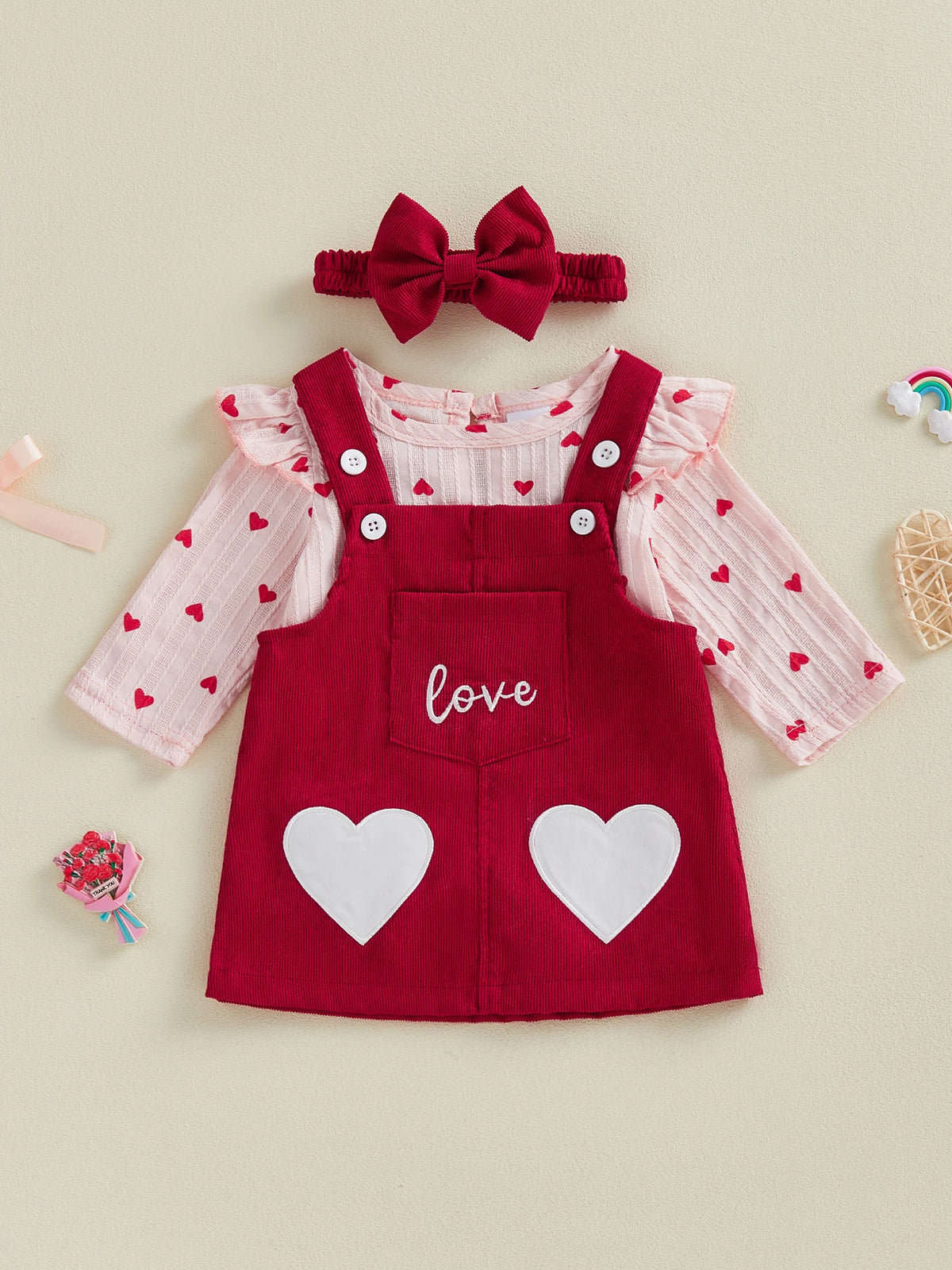 Valentine s Day Baby Girls 3 Piece Outfit Cute Long Sleeve O Neck Heart Print Jumpsuit Bow Headband Overall Dress Set