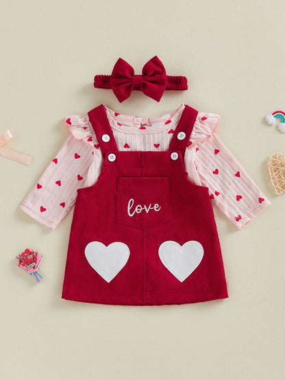 Valentine s Day Baby Girls 3 Piece Outfit Cute Long Sleeve O Neck Heart Print Jumpsuit Bow Headband Overall Dress Set