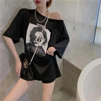 T Shirt For Women Summer Outfit Sexy Baggy Graphic Tops Woman Long Aesthetic Clothing Elegant Tee Trending Korean Streetwear