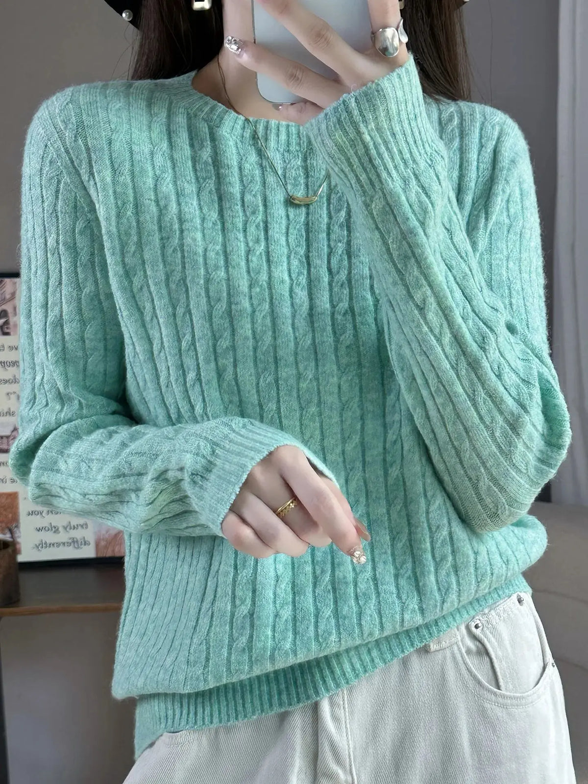 Knitted Wool Blend Sweater for Women, Long Sleeve, Round Neck, Loose Casual Top, Skin Friendly, Fall and Winter, New, 2025 New