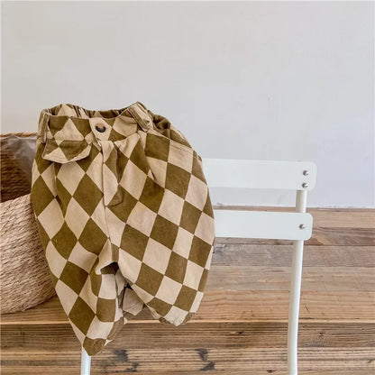 Spring 1-7Y Kids Clothes Washed Cotton Harem Trousers Vintage Checkered Design Japanese Trendy Loose-fit Casual Boys Girls Pants
