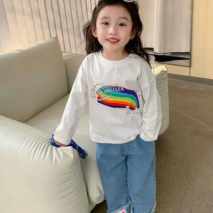 Spring Girl Top And Bottom Clothes Set Korean Fashion Simplicity Suit For Girls Rainbow Printed Long Sleeves+Pants Two Piece Set