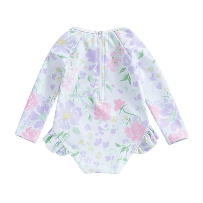 Kids Baby Girl Summer Swimwear Floral Print Backless Ruffles Long Sleeve Bodysuit Bathing Suit Girls Beachwear 0-4 Years