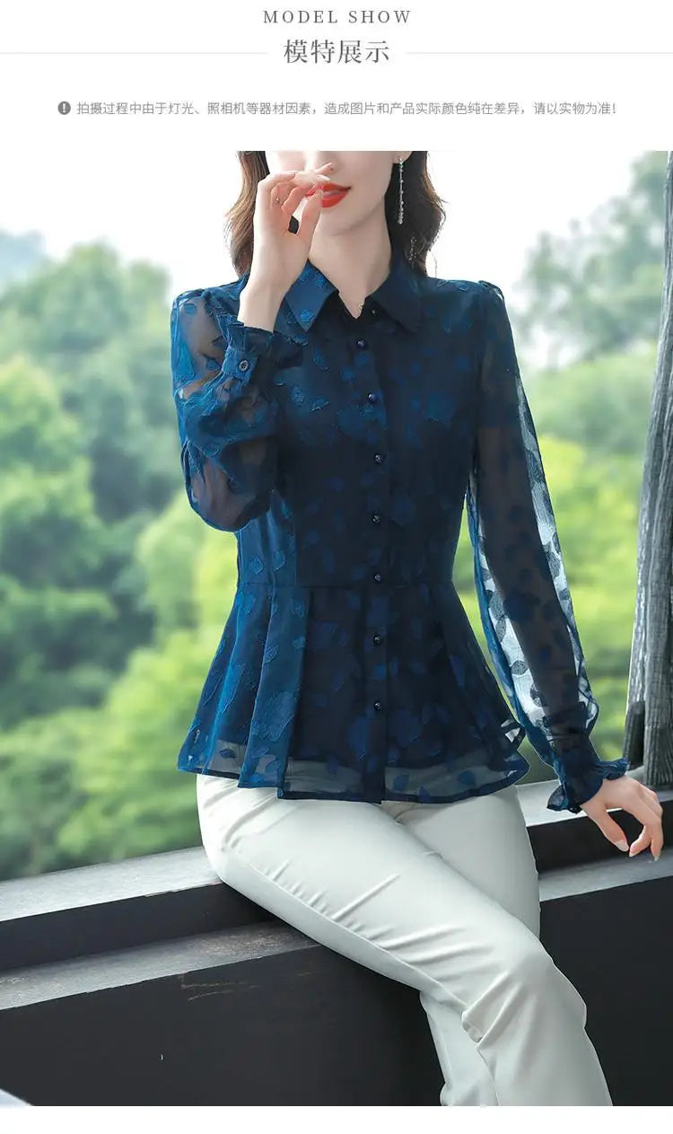 Spring Chiffon Shirt Women's Long-sleeved Temperament Waist Women's Small High-end Foreign Style Middle-aged Top Clothes