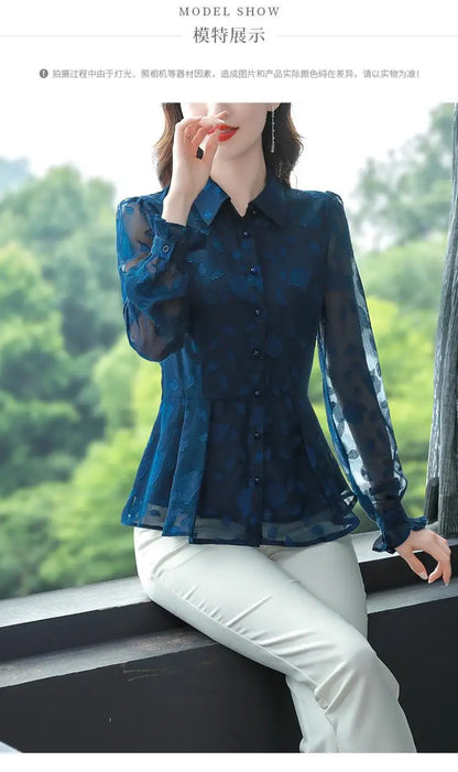 Spring Chiffon Shirt Women's Long-sleeved Temperament Waist Women's Small High-end Foreign Style Middle-aged Top Clothes