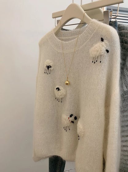 White Casual Sweater For Women 2025 New Long Sleeved O-Neck Warm Knit Pullovers Autumn Winter Korean Cute Animals Woolen Tops