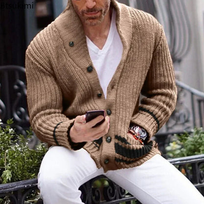2026 Autumn Winter Men Knitted Sweaters Warm Coats Men's Streetwear Single Breasted Top Cardigan Yellow Red Solid Sweater Male