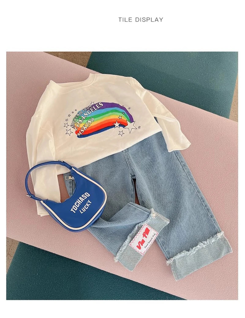 Spring Girl Top And Bottom Clothes Set Korean Fashion Simplicity Suit For Girls Rainbow Printed Long Sleeves+Pants Two Piece Set