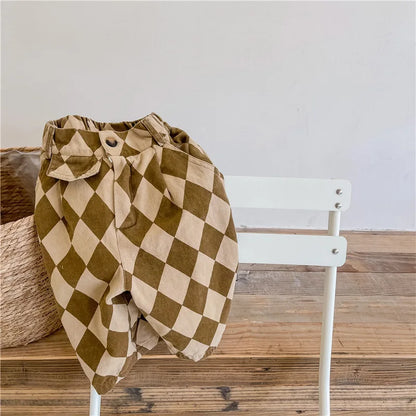 Spring 1-7Y Kids Clothes Washed Cotton Harem Trousers Vintage Checkered Design Japanese Trendy Loose-fit Casual Boys Girls Pants