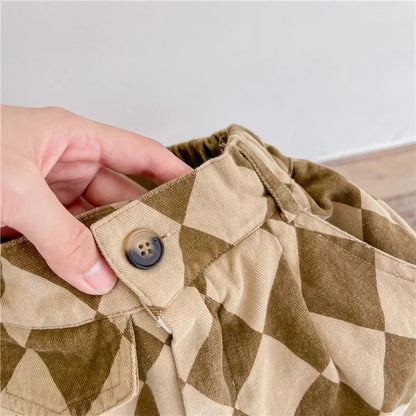 Spring 1-7Y Kids Clothes Washed Cotton Harem Trousers Vintage Checkered Design Japanese Trendy Loose-fit Casual Boys Girls Pants
