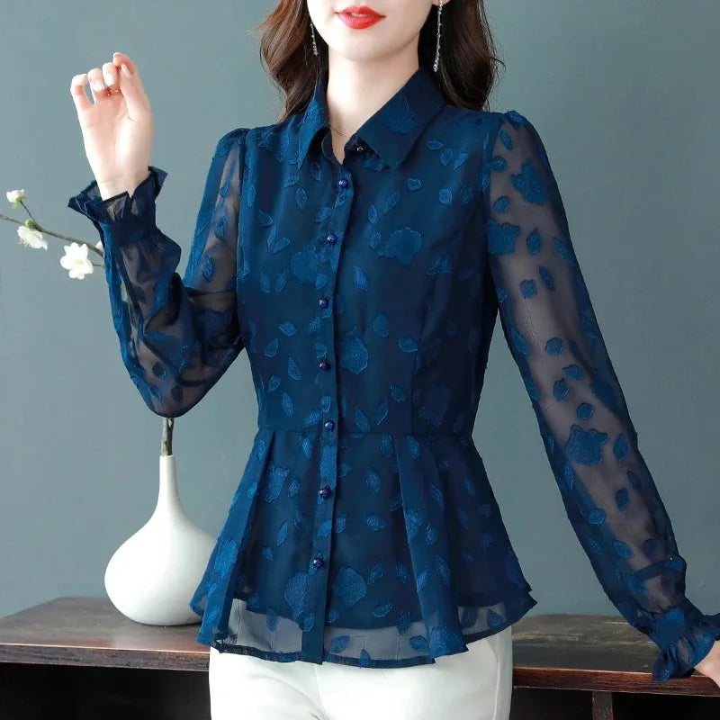 Spring Chiffon Shirt Women's Long-sleeved Temperament Waist Women's Small High-end Foreign Style Middle-aged Top Clothes