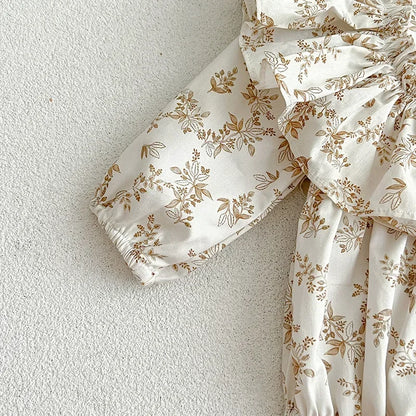 Spring New in Infant Cute Clothes Kids Baby Girls Floral Ruched Cotton Jumpsuits Toddler Outwear Newborn Bodysuits+headbands