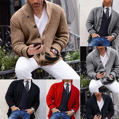 2026 Autumn Winter Men Knitted Sweaters Warm Coats Men's Streetwear Single Breasted Top Cardigan Yellow Red Solid Sweater Male