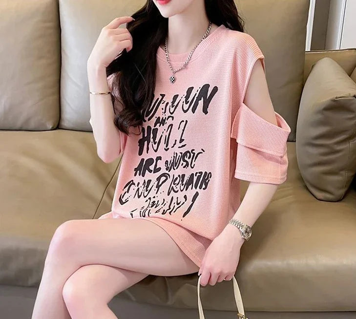 T Shirt For Women Off Shoulder Graphic Tops Woman Green Summer Outfit Fashion Women's Clothing 2025 Female Wholesale Clothes