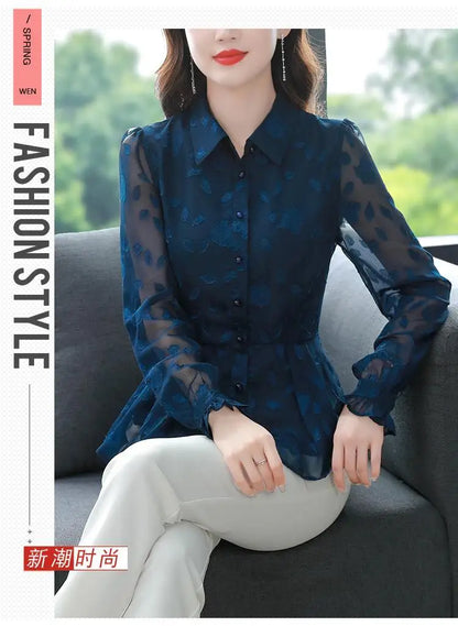 Spring Chiffon Shirt Women's Long-sleeved Temperament Waist Women's Small High-end Foreign Style Middle-aged Top Clothes