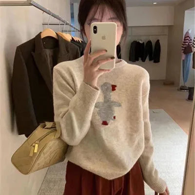 Women's new wool sweater high-end O-neck embroidered pullover sweater autumn and winter loose fashion shirt casual warm knit top
