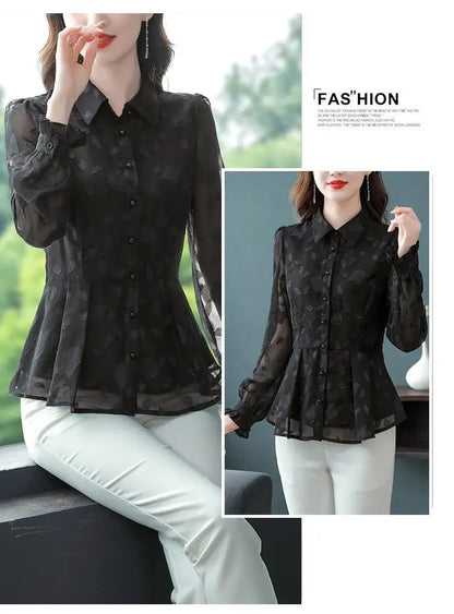 Spring Chiffon Shirt Women's Long-sleeved Temperament Waist Women's Small High-end Foreign Style Middle-aged Top Clothes