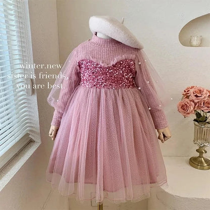 Spring Autumn Clothes for Kids Clothes Girls Solid Color Long Sleeve Fake Two Pieces Round Neck Patchwork Lace Princess Dresses