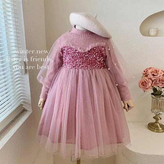 Spring Autumn Clothes for Kids Clothes Girls Solid Color Long Sleeve Fake Two Pieces Round Neck Patchwork Lace Princess Dresses